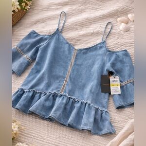 Takara Chambray Off Shoulder Top Ruffle Hem Coastal Boho NWT M